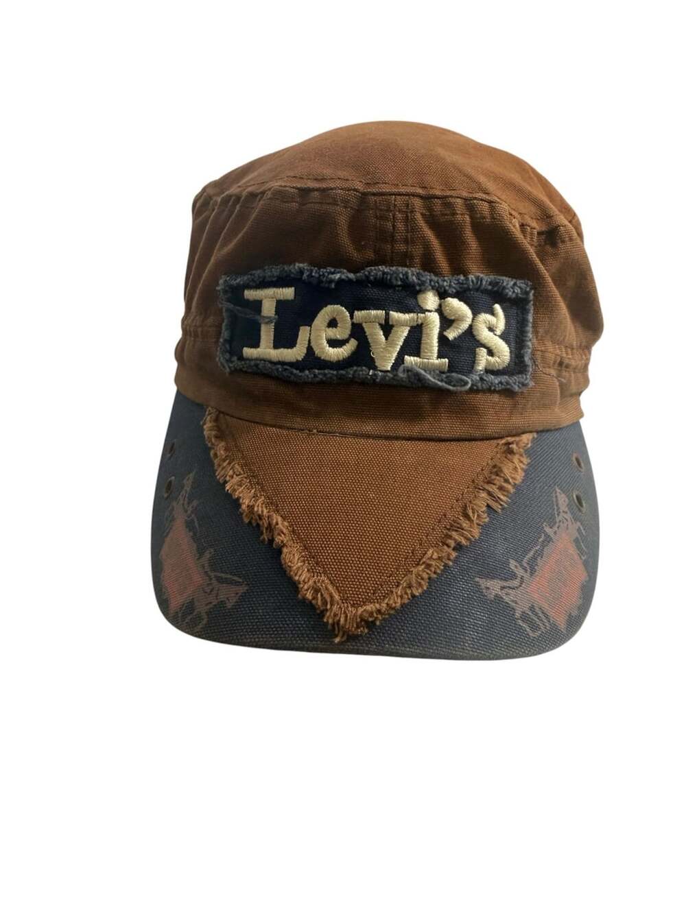 Vintage Levi's Brown Canvas and Denim Distressed Patchwork Cadet Hat Made in USA